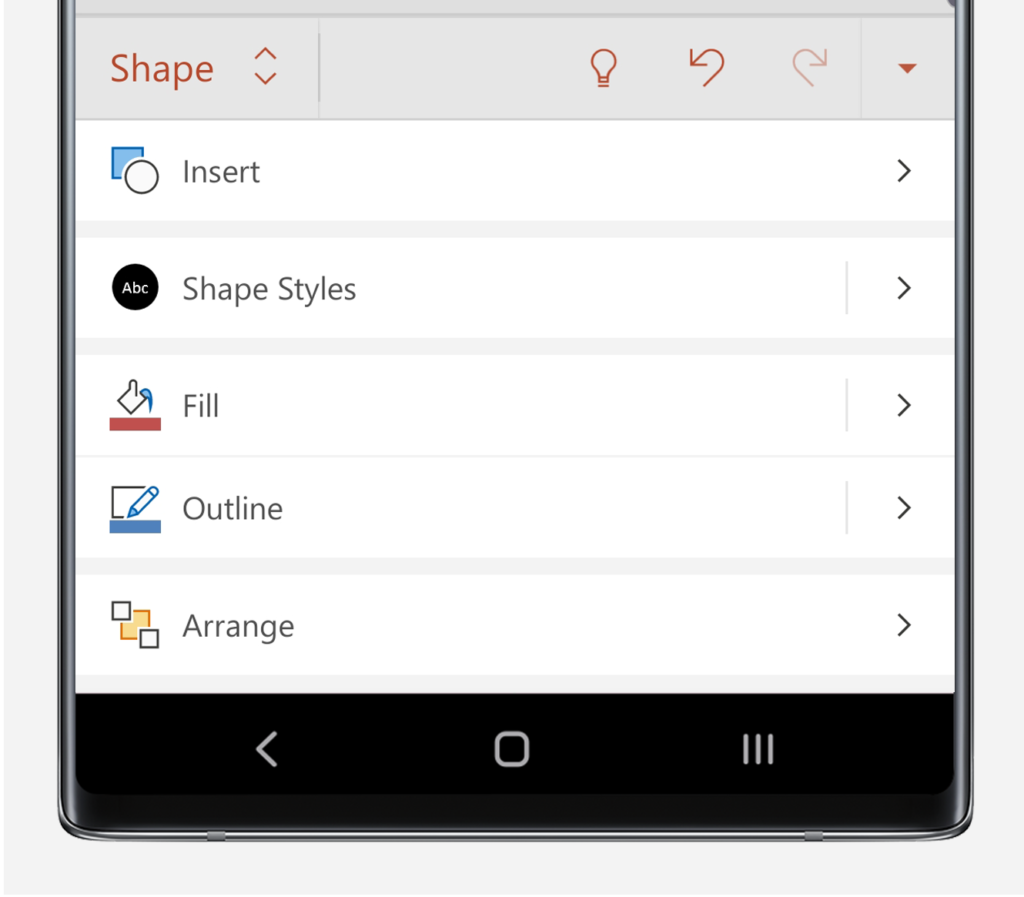 Shape menu in PowerPoint on the Note10