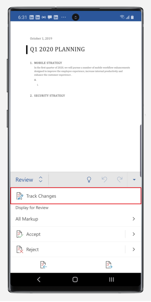 Track changes in Word on the Note10
