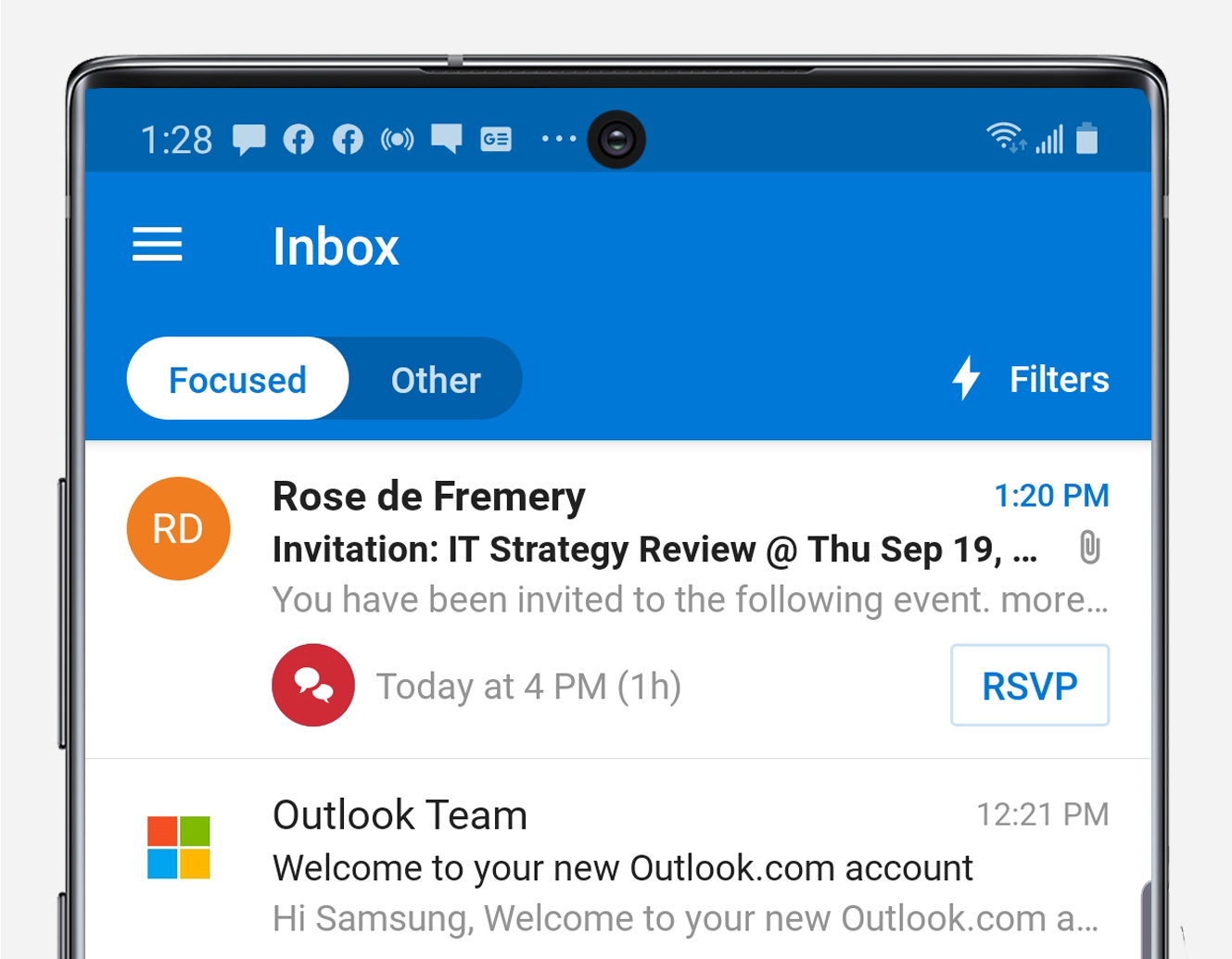 Posta in arrivo focalizzata su Outlook Note10