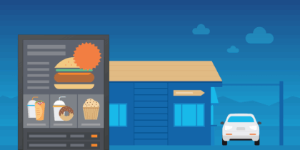 Car pulling up to a drive-through with a digital sign menu