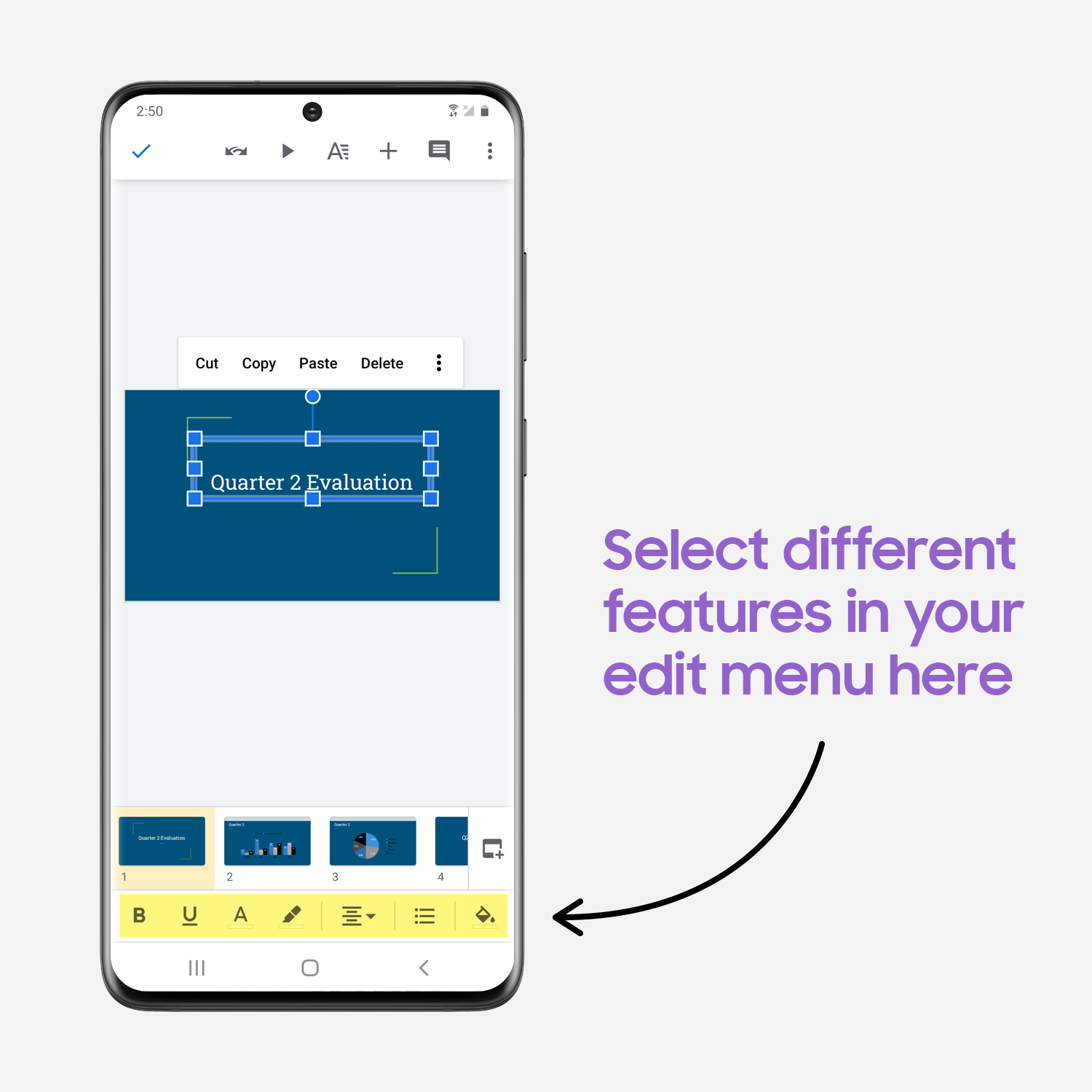 Galaxy S20 screenshot of the edit menu in Google Slides