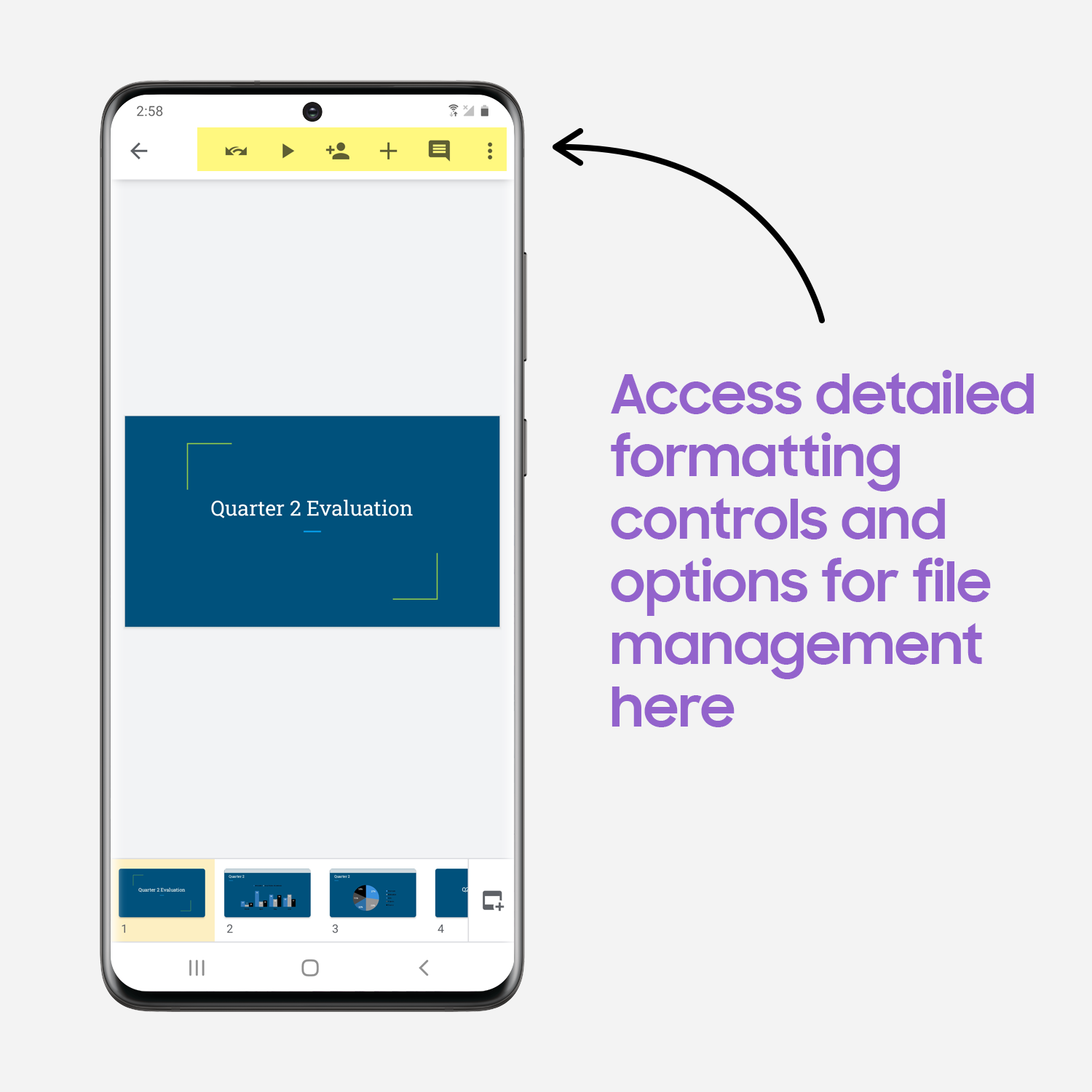 Galaxy S20 screenshot of additional options menu in Galaxy S20 Google Slides