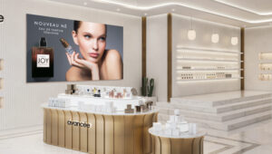 Interactive retail technology video wall in luxury perfume store