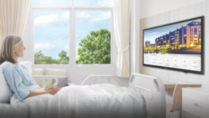 patient watches TV on healthcare grade TV by Samsung